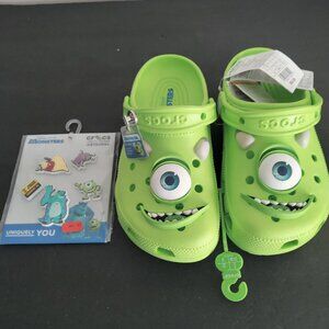 NWT Crocs Monsters Inc Mike Wazowski Clogs Green Youth Kids Size J5 w/Charms